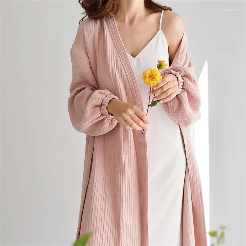 Vêtements à domicile 2024 femmes crêpe coton sommeil robe manche complète peignoir long avec ceinture moelleuse vêtements de nuit décontractés