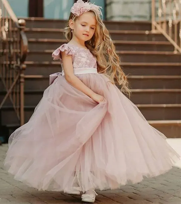 Abiti 2021 Blush rosa aline Flower Girl Dresses Tulle Lace Bow Liltle Kids Birthday Cunghese abiti ZJ674