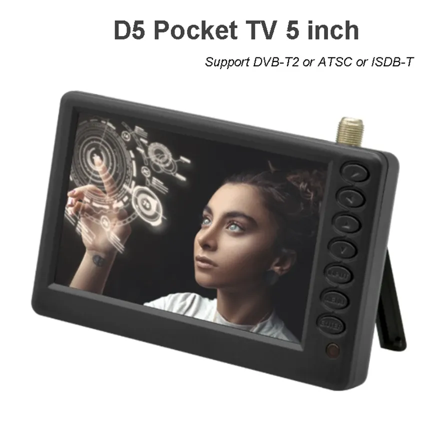 Spieler Taschen -TV D5 5 Zoll DVBT2 ATSC ISDBT Digital und analoge Mini -Kleinwagen -Fernseher tragbarer TV -Support USB TF MP4 AC3