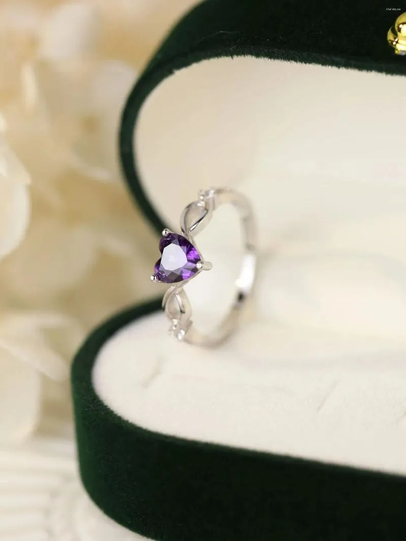 Cluster Rings European And American S925 Sterling Silver Natural Amethyst Purple Heart Ring Fashion Simple Women's Gem