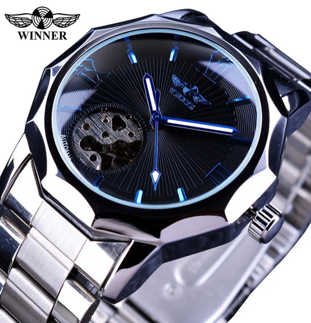 Vencedor azul ocean geometria designer masculina top top lux small mostrador de aço inoxidável esqueleto automático de moda mecânica Brand7860060