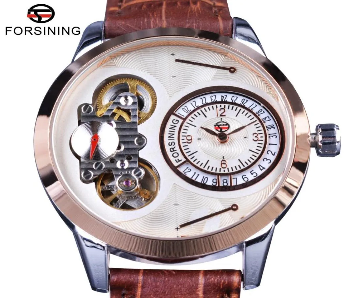 Forsiner Fashion Second Dial Tourbillion Rose Golden Case brun Grown Great Leather Mens Watches Top Brand Luxury Automatic Watch5971370