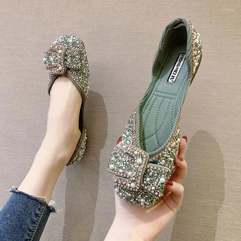 Casual Shoes 2024 Sweet Crystal Bling Spring Summer Women Square Toe Bowknot Flat Single Girls Soft Bottom Sandals