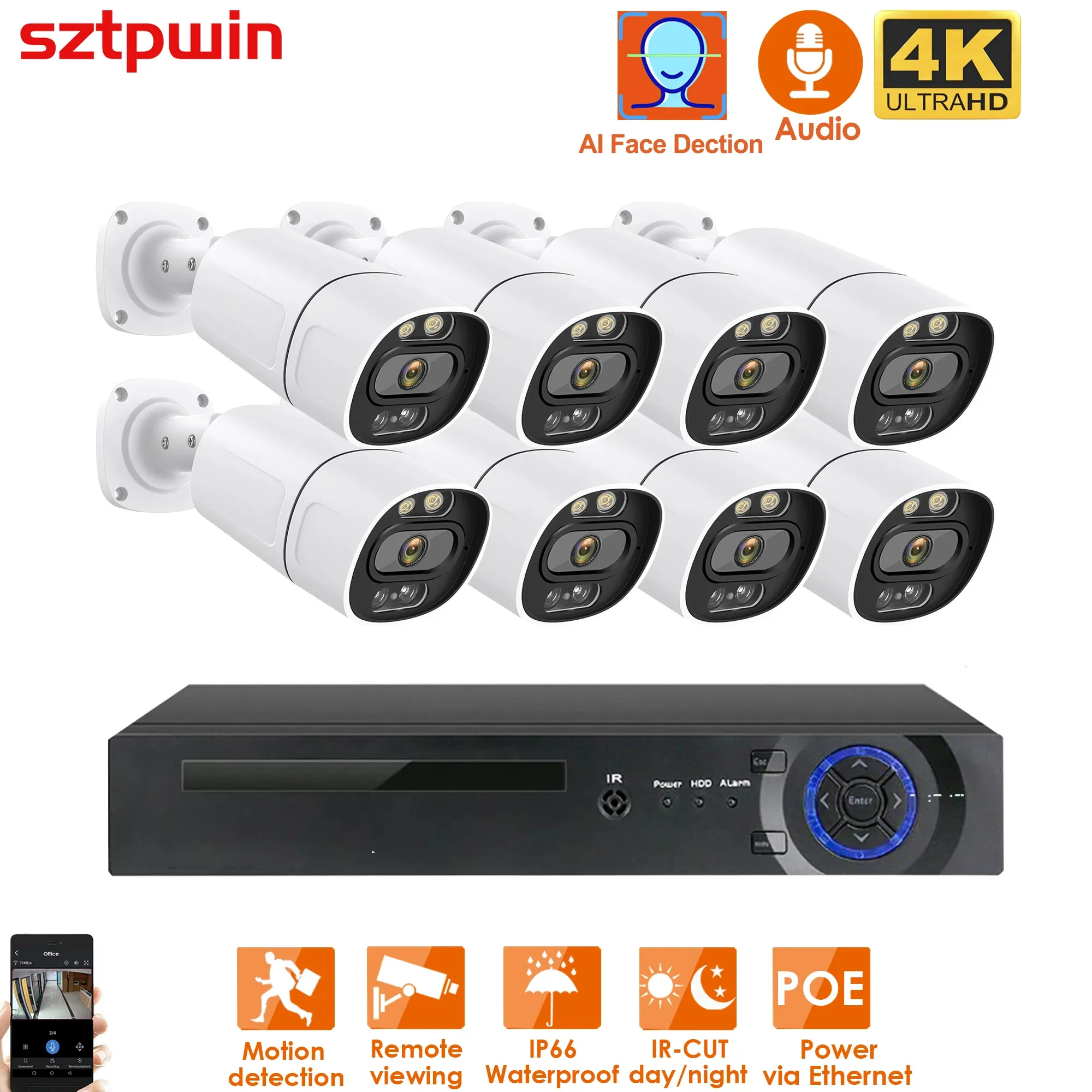 System 8ch 4K 8MP POE Security System Kit Audio Recorder RJ45 Ansiktsdetektering IP -kamera Utomhus Vattentät CCTV Video NVR Xmeye