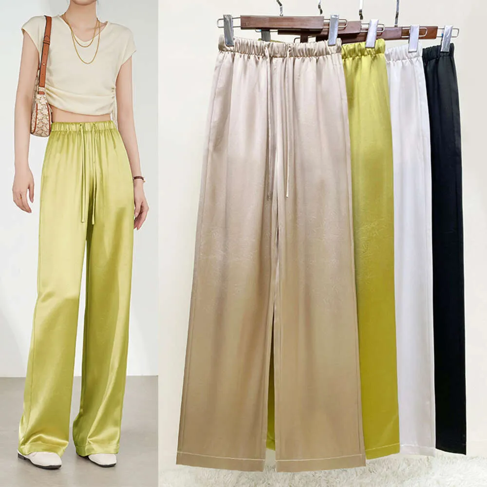 Pantalones de piernas anchas de ácido triacético para ropa de primavera de mujeres, versión estrecha con cortinas con cordón y pantalones de satén de satén rectos