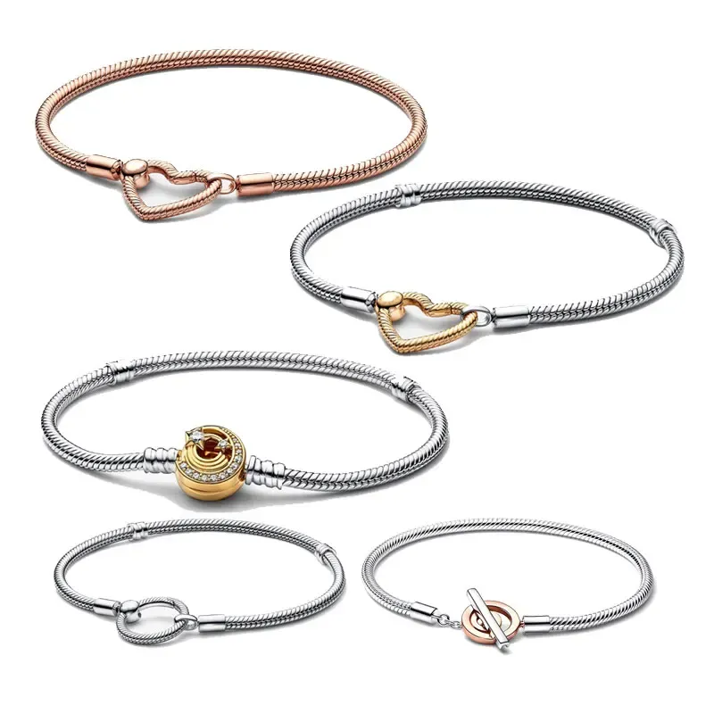 Armband sammanfattande hjärta o Stängning 925 Sterling Silver Armband för kvinnor Rose Gold Snake Chain Pan Moments Beads Smycken Making Gift