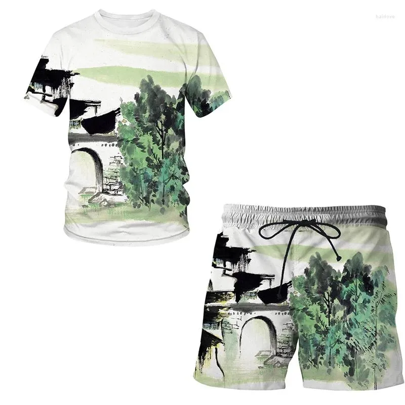 T-shirt de trajes de tracks de trajes masculinos tee casual tee casual pintura chinesa pintura de manga curta redonda pescoço hip hop masculino de primeira linha