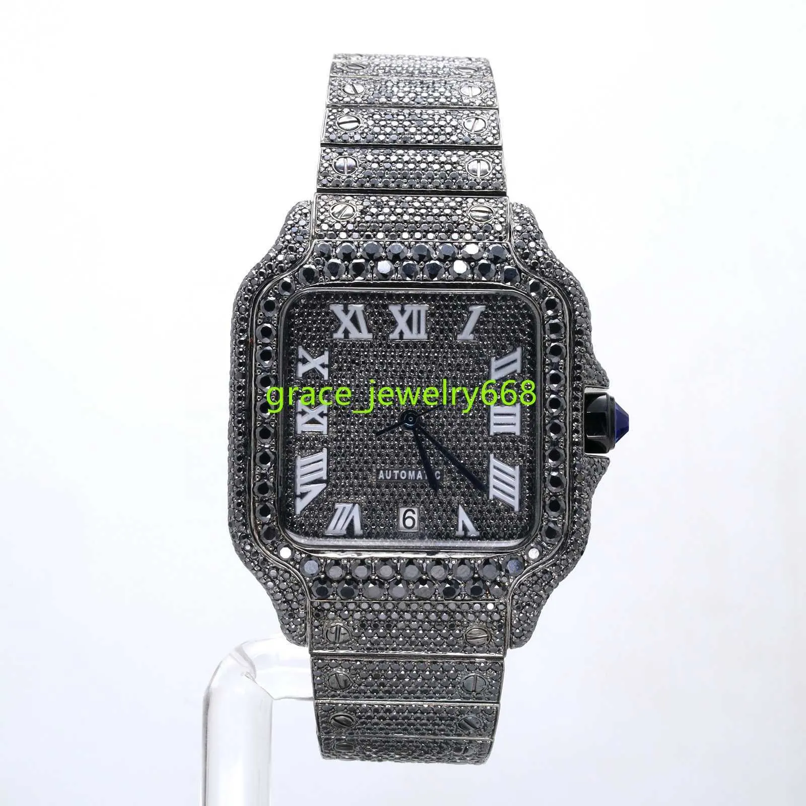 Luxury Mens Black Moissanite Diamond Watch Full Bling Crystal Analog Water Resistance Hip Hop Iced Out Quartz Wrist Square