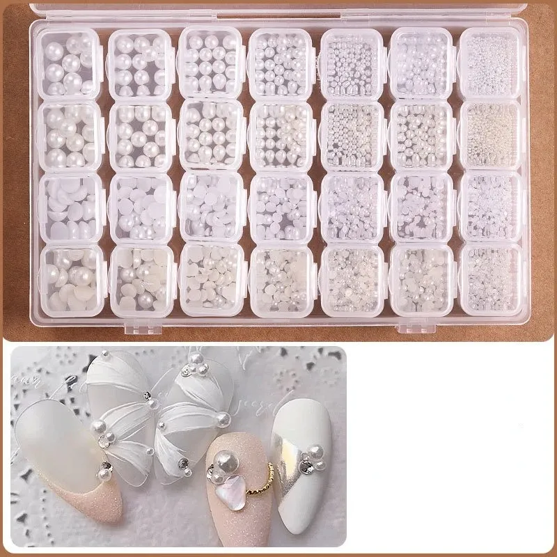 2024 Mixed 28 grid nail accessories pearl rivet steel ball shell stick gold silver foil paper nail shop jewelry box for nail art accessories