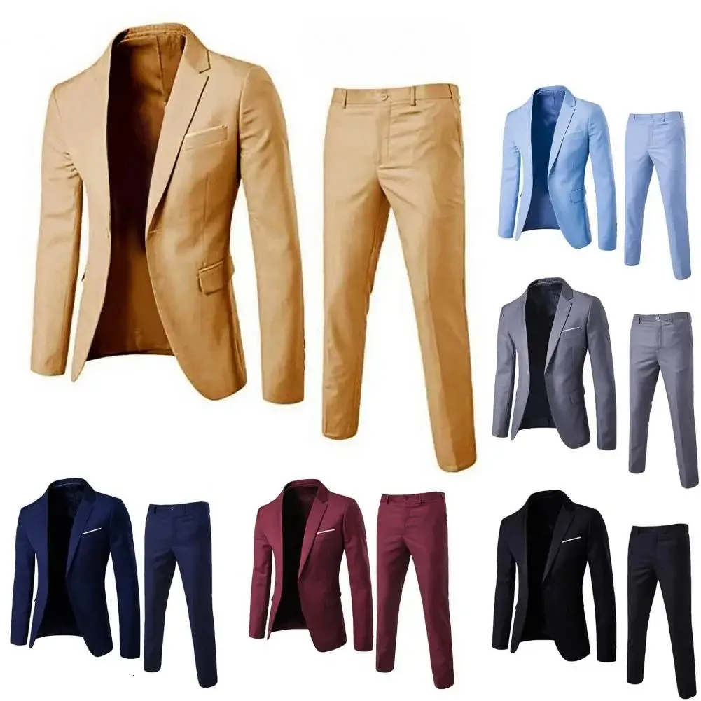 1 set homens calças blazer de cor sólida manga comprida Slim Fit Turndown Temperamental One Button Pockets Set Set Men Rous