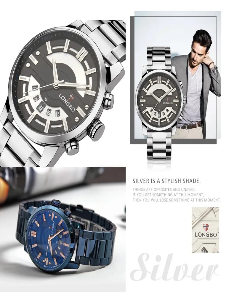 2020 Longbo Top Luxury Brand Men assista Quartz Male Relógio Design Sport Sports Impermeável Aço inoxidável Relógio de pulso Erkek Saatler6333351