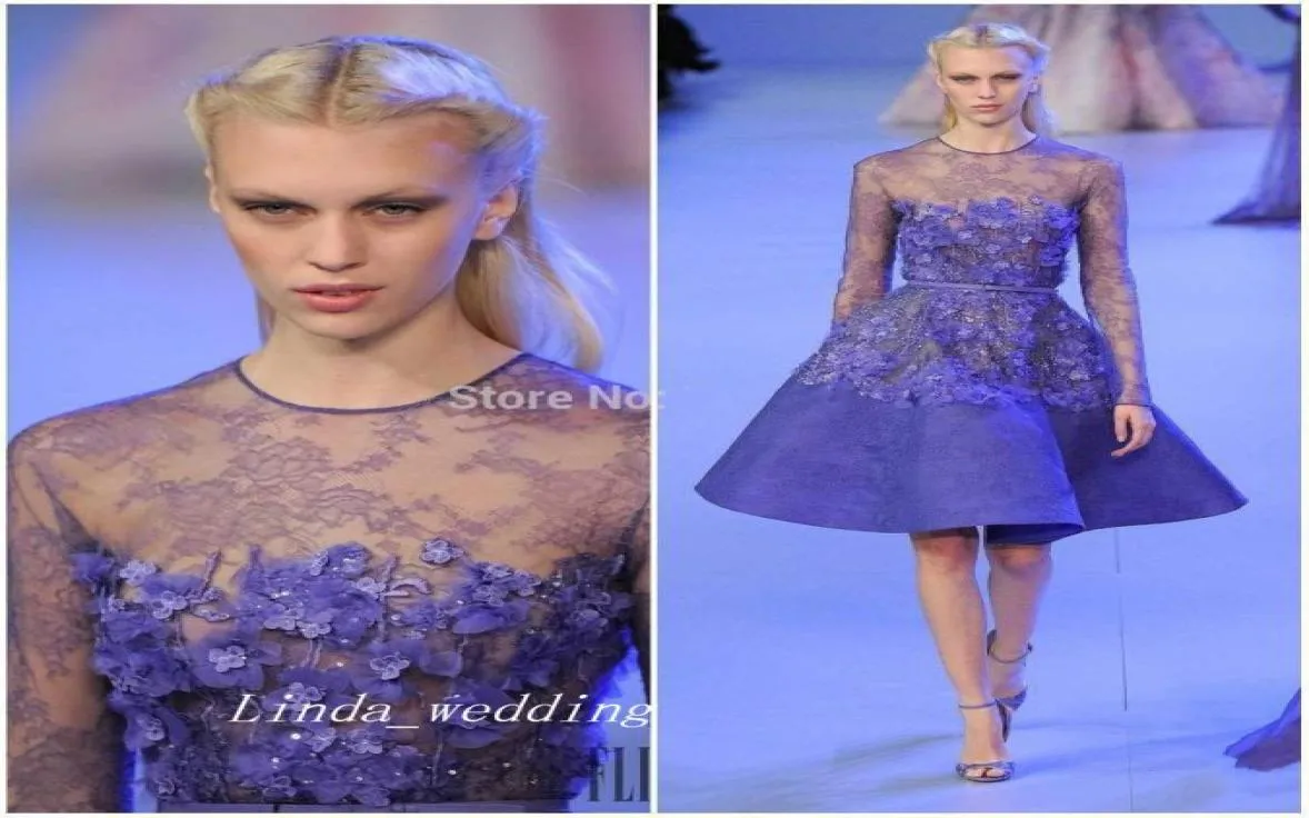 Collection de mode Elie Saab Mini robe de soirée vintage Blue Sheer Neck Applique Robe de fête formelle 1365401