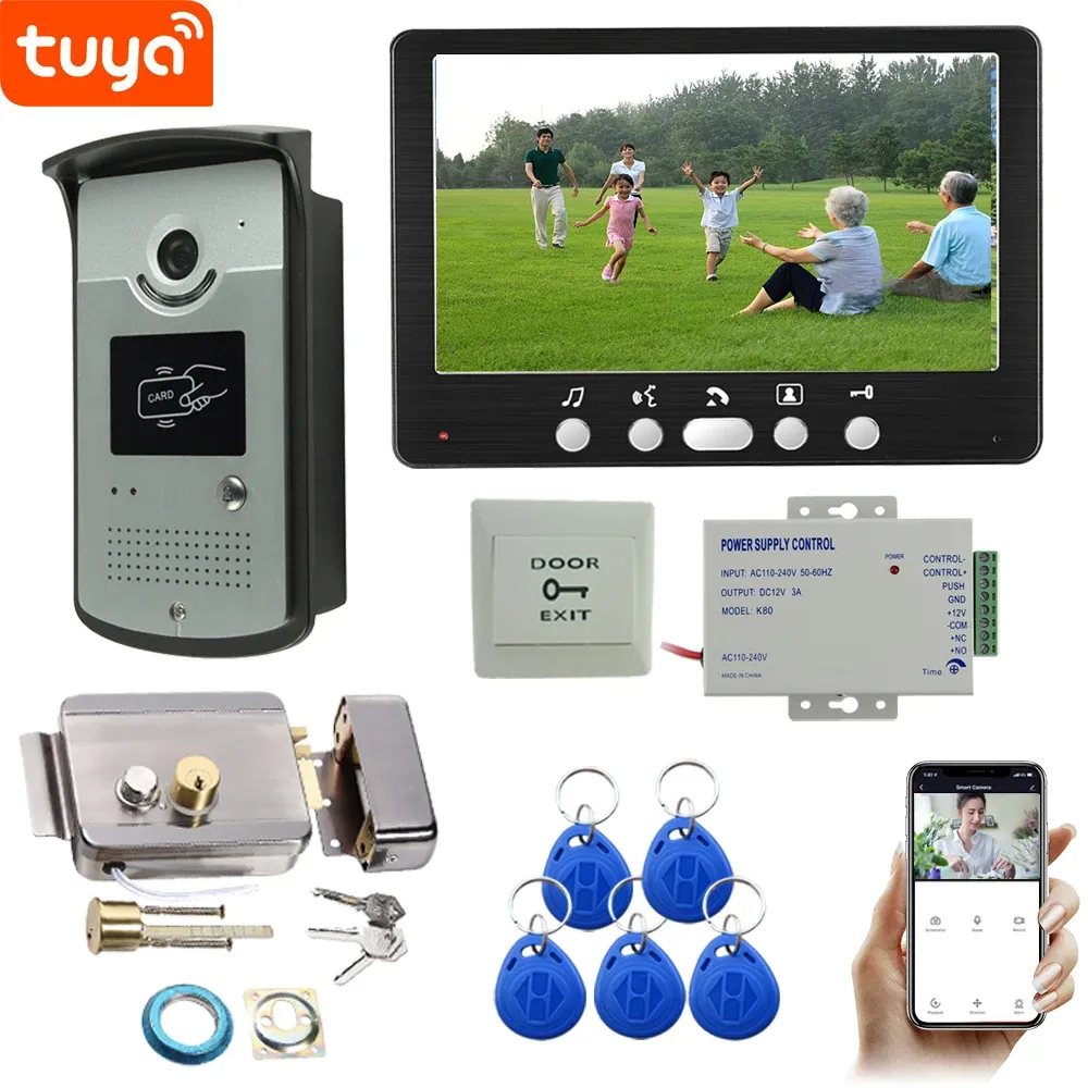 Intercom Tuya Smart Home 7 tum WiFi Door Phone Video Intercom i Private House med Lock Electric med RFID Unlock Door Entry