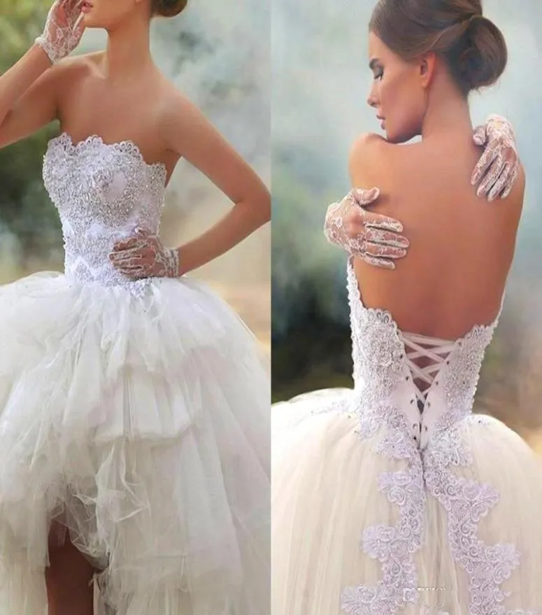 Винтажные высокие низко короткие платья для свадебных платьев говорится, что бусинки без бретелек в Мхамад шнурки с корсетом vestido de novia bridal платья2992634