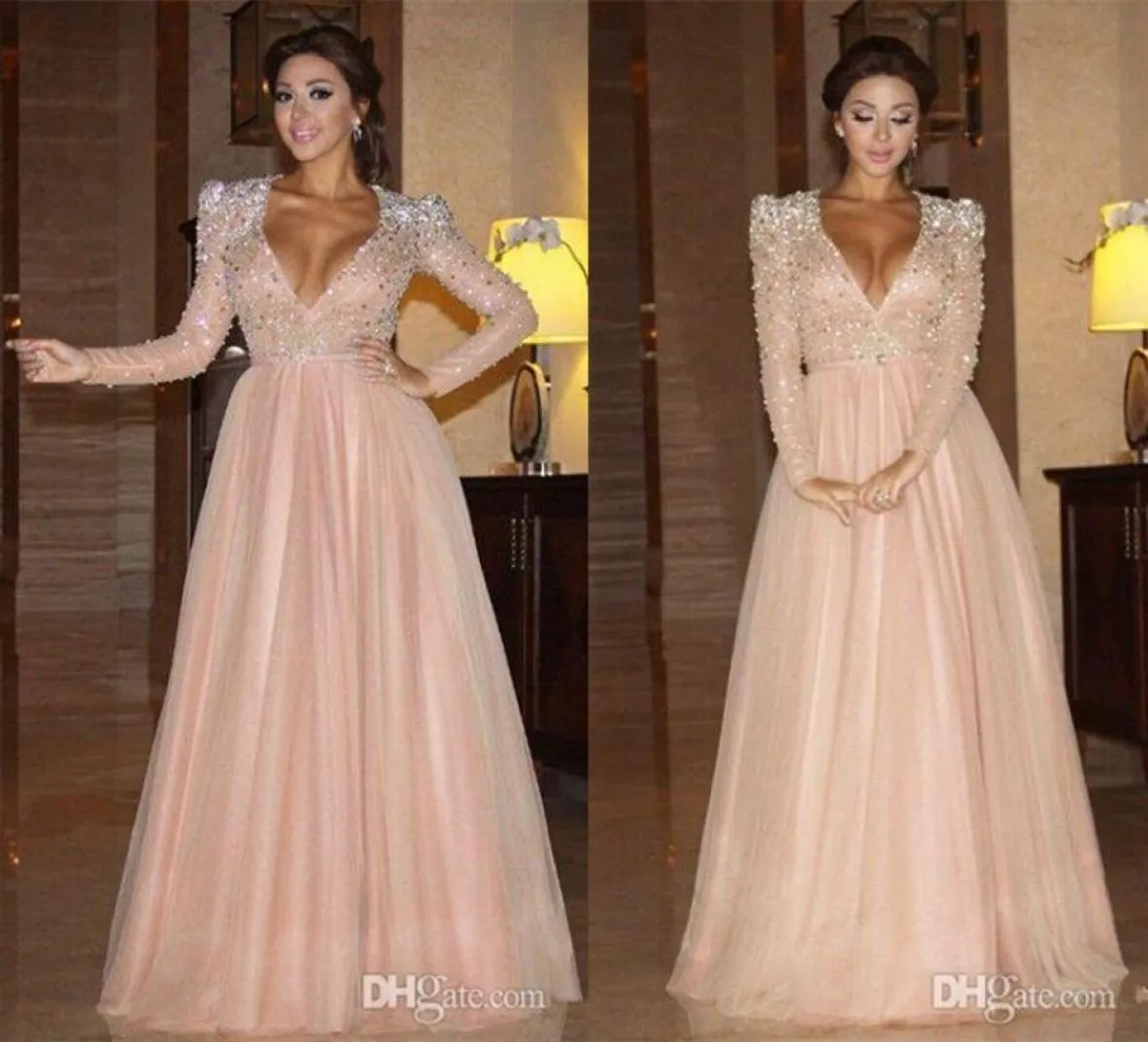 Gorgeous 2021 Dresses V Neck Long Sleeve Baby Pink A Line Evening Wear Heavy Crystal Beaded Formal Celebrity Red Carpet Prom Eveni5411873