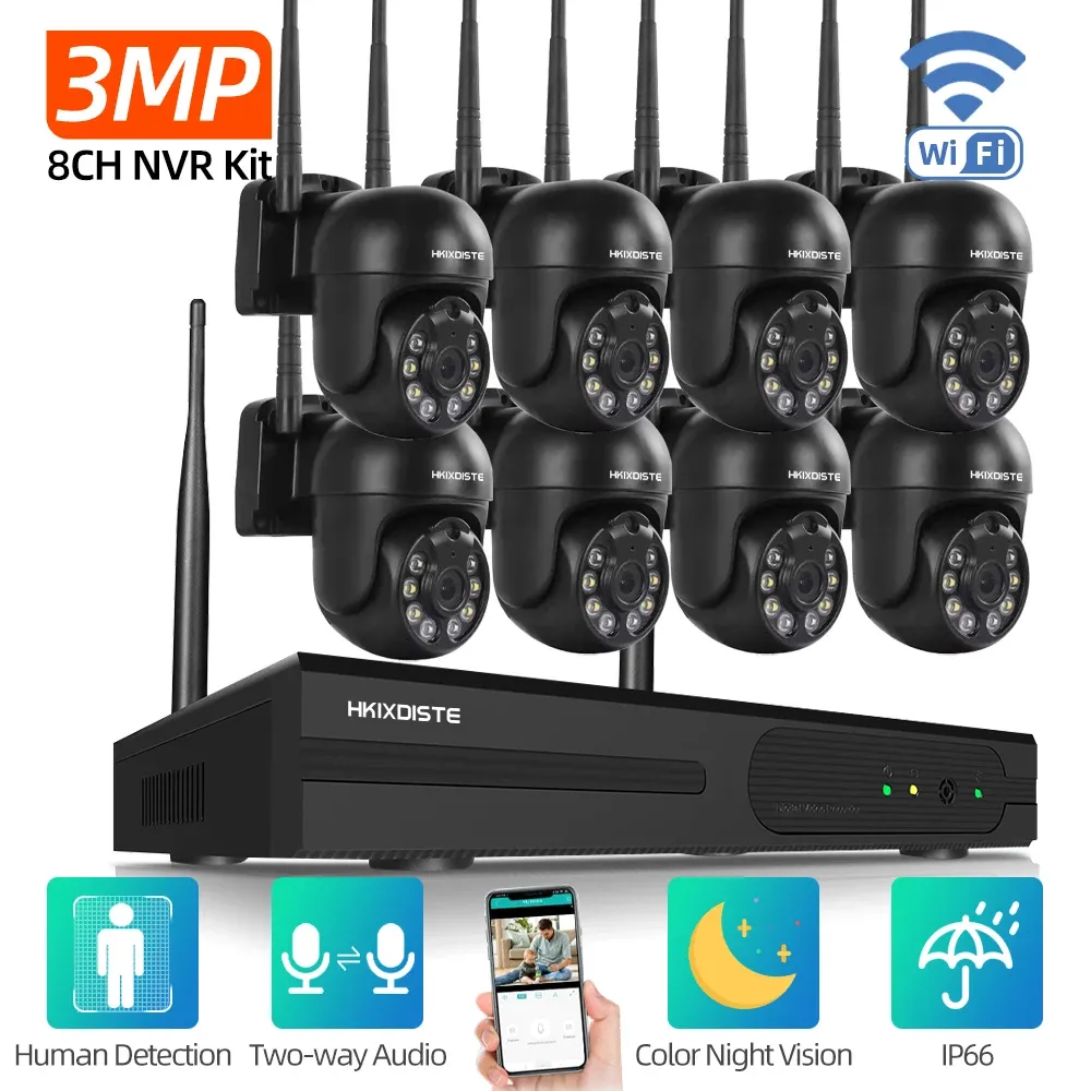 System H.265 Wifi CCTV Camera Security System Kit PTZ 3MP Wireless NVR Set 8CH Outdoor Waterproof 2 Way Audio IP Video Surveillance Kit