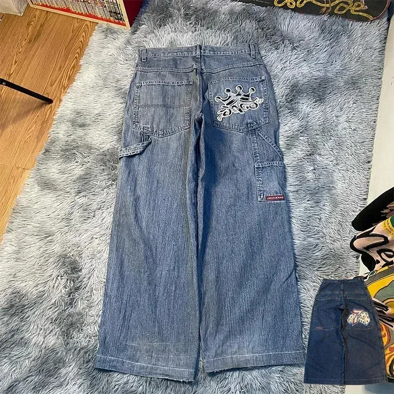 Streetwear Jnco Crown Jeans Männer y2k Harajuku Retro Hip-Hop Stickerei Baggy Tasche gewaschene Blue Jeans Gothic Wide Hosen 240329