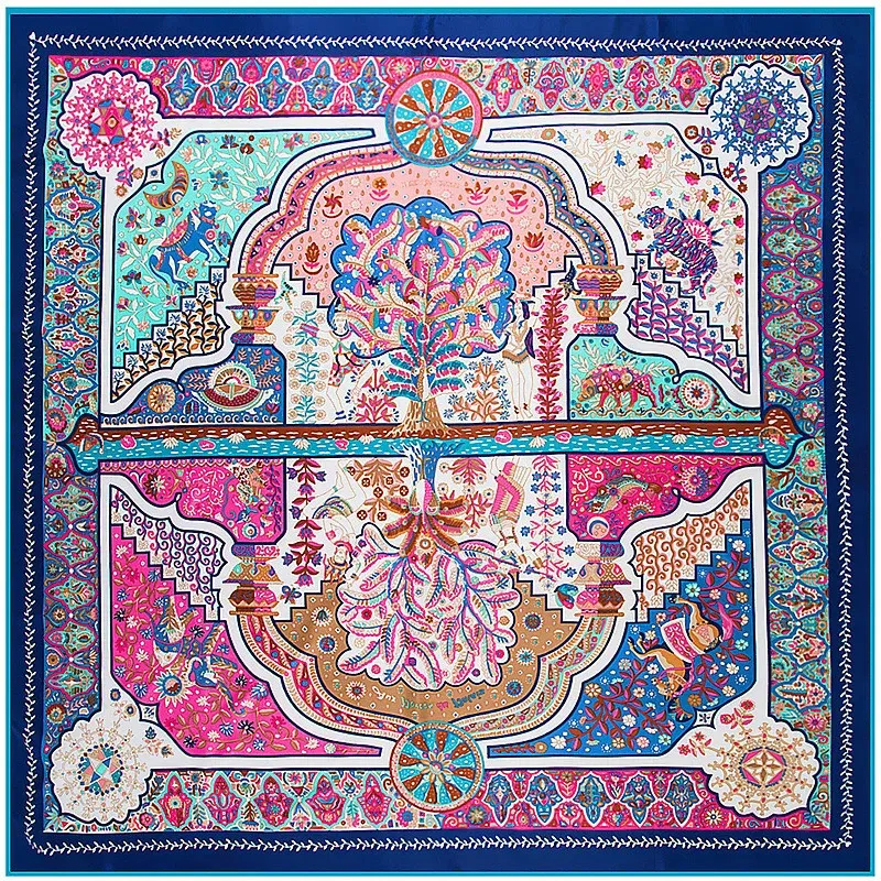 130cm Luxury Brand Shawl 100% Twill Silk Scarf Floral Reflection Square Scarves Kerchief Woman Bandana Scarves Wraps Hijab 240325