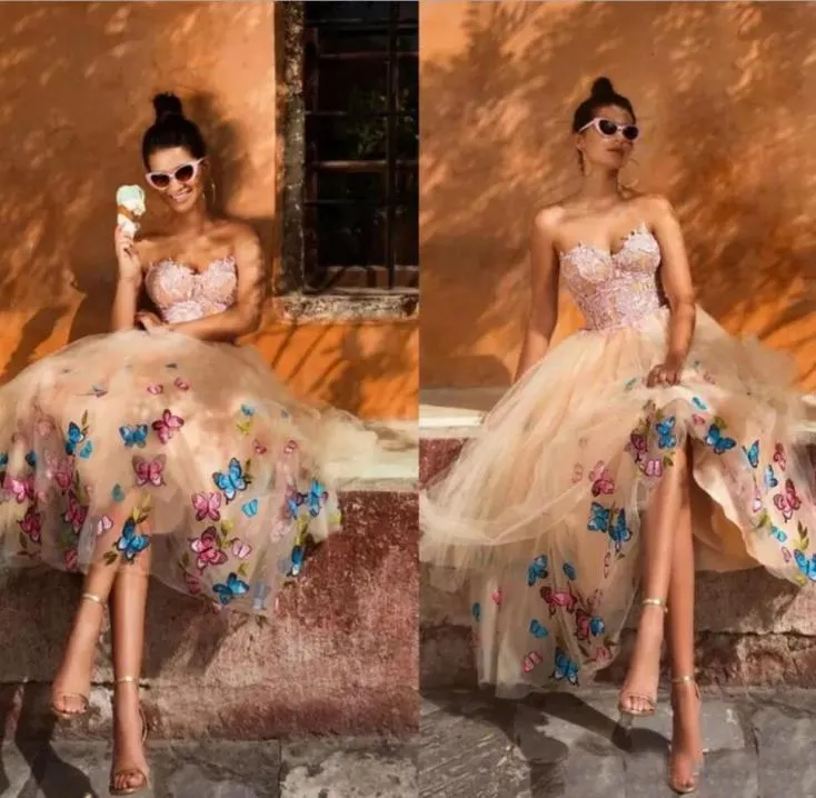 Colorful Butterfly Tea Length Prom Dresses 2019 Sweetheart Lace Appliques Sleeveless A Line Formal Party Gowns Zipper Back Homecom6009544
