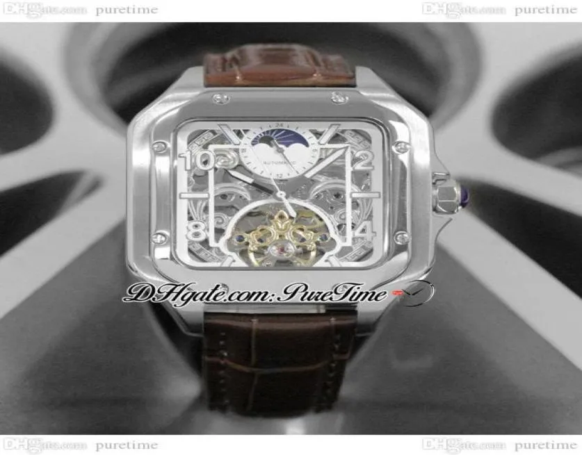 XL 100 A23J Phase de lune automatique Tourbillon pour hommes Affaire en acier Blanc Blanc Inner Skeleton Cadran Stick Numéro de bâton Brown Cuir Str6216594