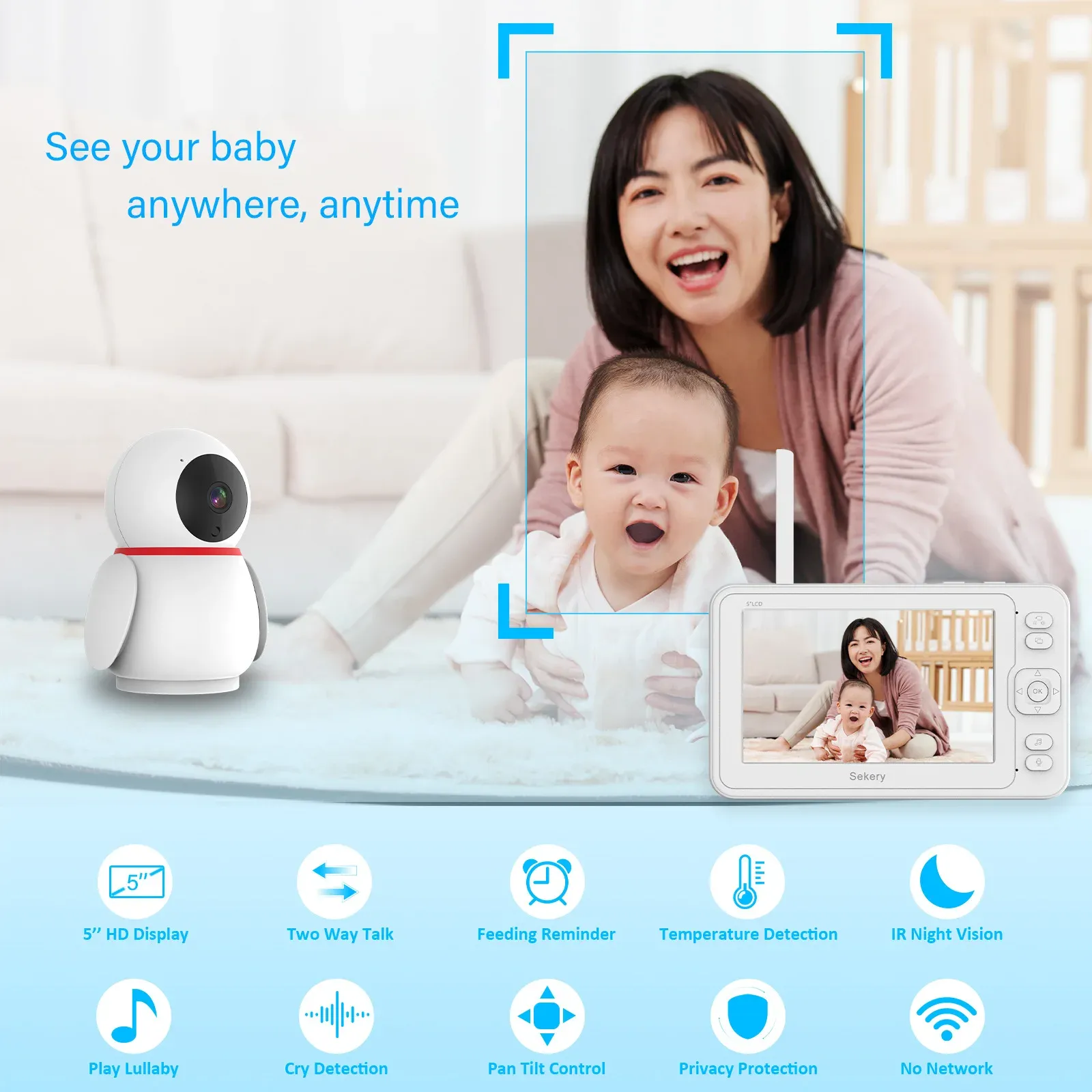Monitorer 5inch Baby Monitor, trådlös övervakningskamera, gränsöverskridande Hot Sale Baby Monitor Video Babysitter Tuya Baby Monitor