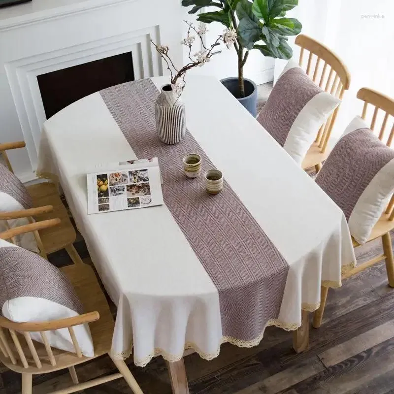 Tischtuch Ovales Tischdecke mit Spitze Leinen Dining Bauernhaus Ellipse Cover moderner Stil rustikal 185 cm