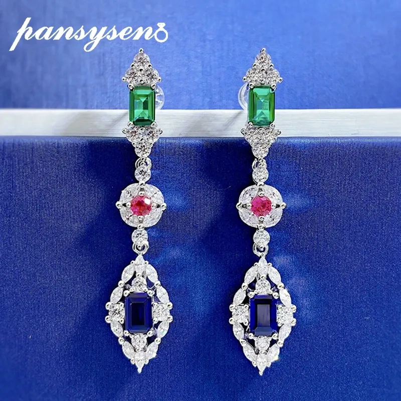 Boucles d'oreilles Pansysen Vintage 925 Sterling Silver Sapphire Emerald Ruby Simulate Moisculite Bangs d'oreilles Boucles d'oreilles anniversaire