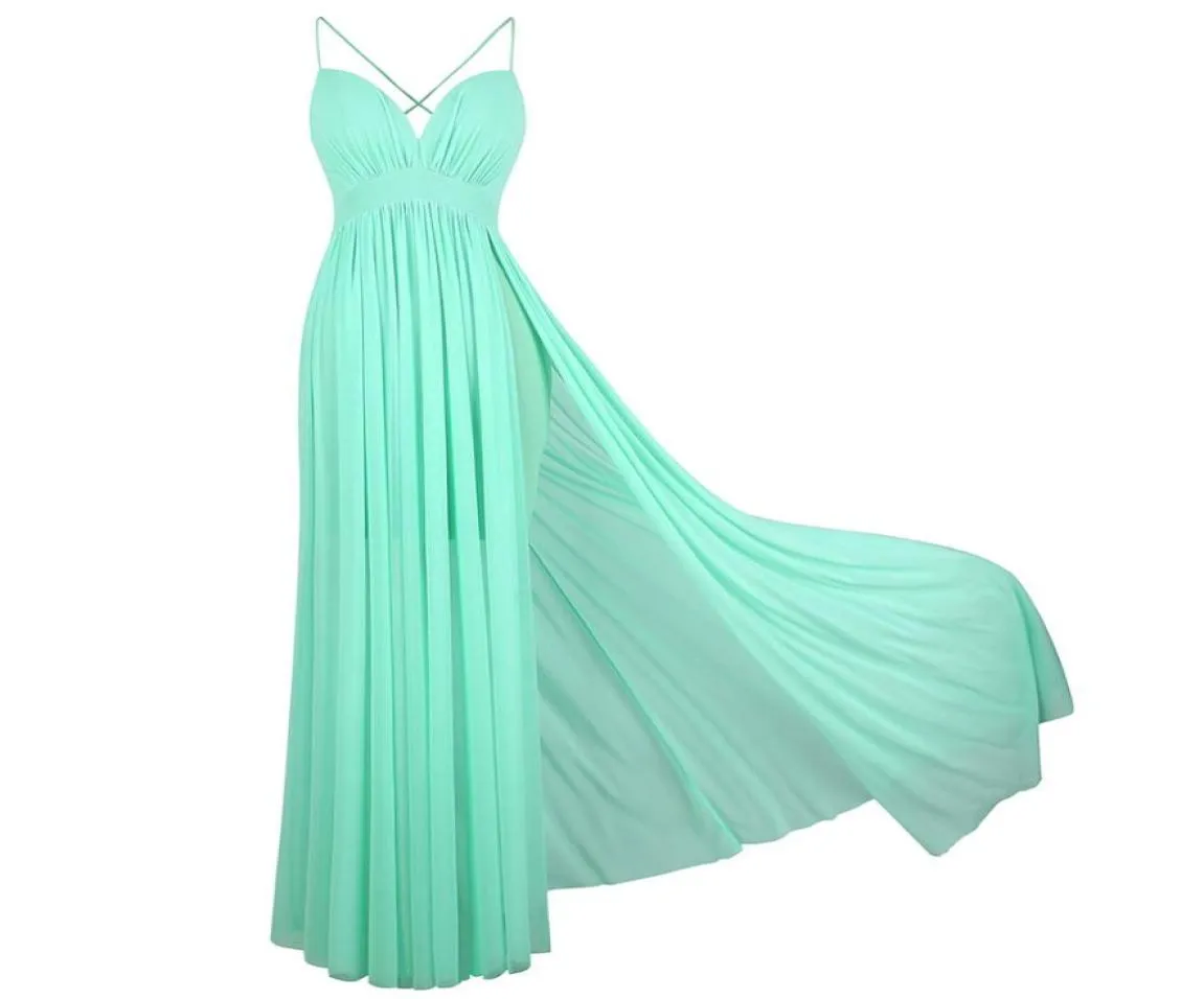Angelfashions Party dress Women039s Spaghetti Strap V Neck Ruched Drawing Evening Prom Gown Mint Green 4068811067