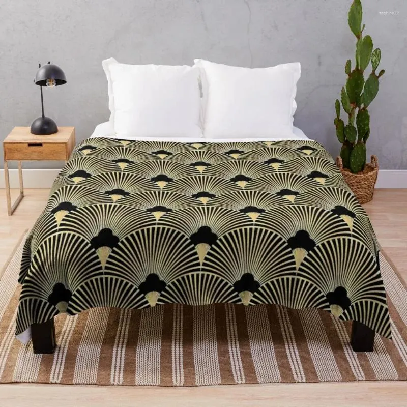 Coperte Art Deco Fan Pattern Vintage 1920 ERA Gold Black Elegant Chic The Great Gatsby Modern Trendy Girly Throw Grovet