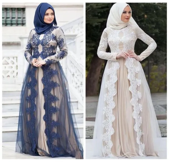 Robes de soirée musulmanes 2018 Appliques de dentelle à manches longues une ligne élégante train de balayage arabe robes de bal 9611822