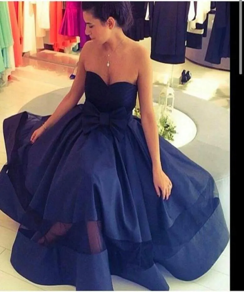 2019 SAUDI ARABIA Dubai Sweetheart Bow plin Satin Aline Arabe Nights Robes Blue Navy Long Prom Formel Custom Made7001957