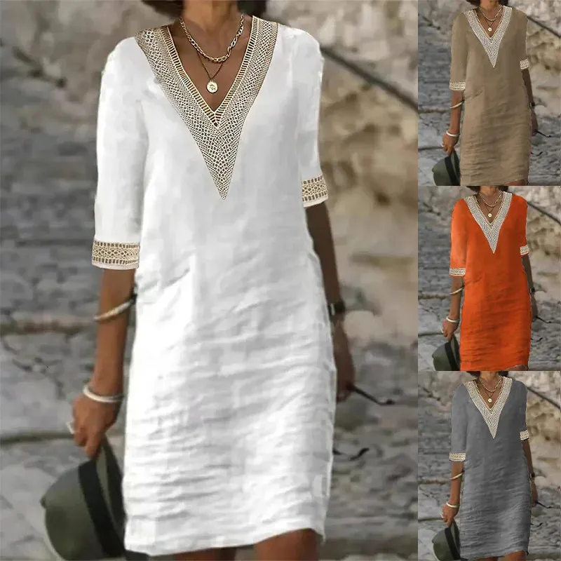 Elegant Womens Lace Dresses 2023 Summer Solid VNeck Mid Sleeve Cotton Hemp Casual Dress Vesido Mulher Female Robe S5XL 240321