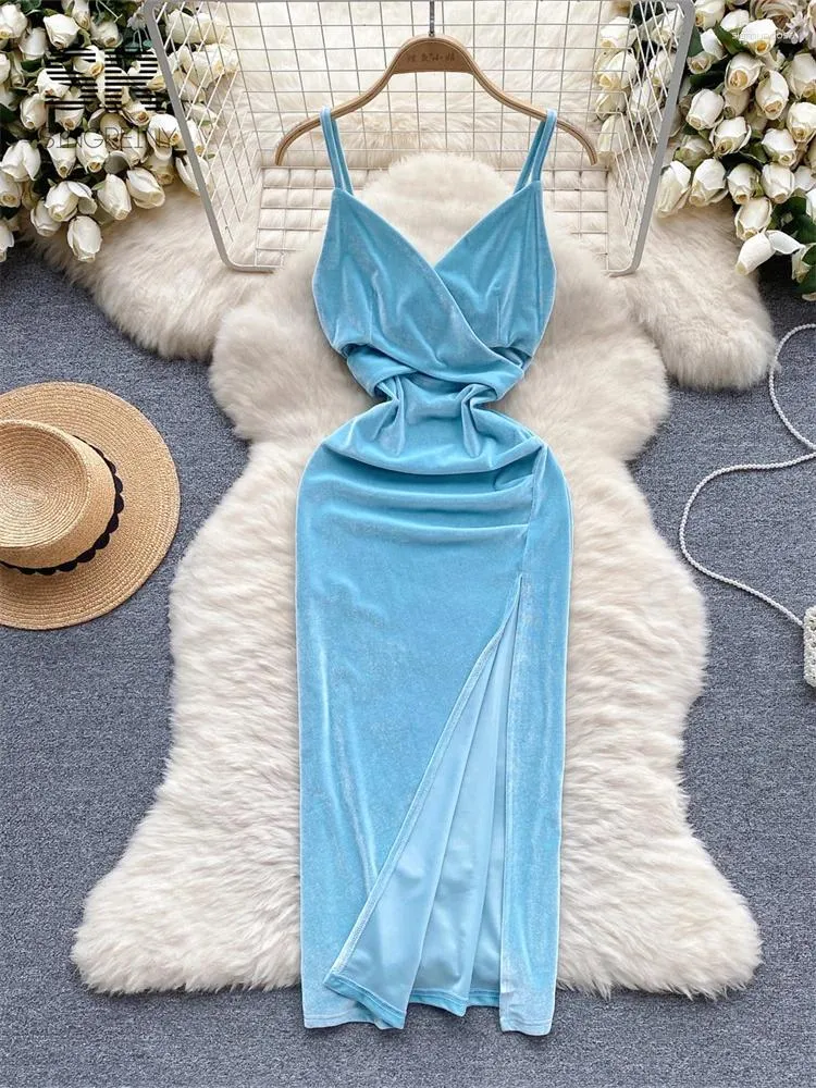 Vestidos casuales Singreiny Silk Blue Silk Long Store Strap Split Split Split Elegant Fashion 2024 Ladies Slim Sexy