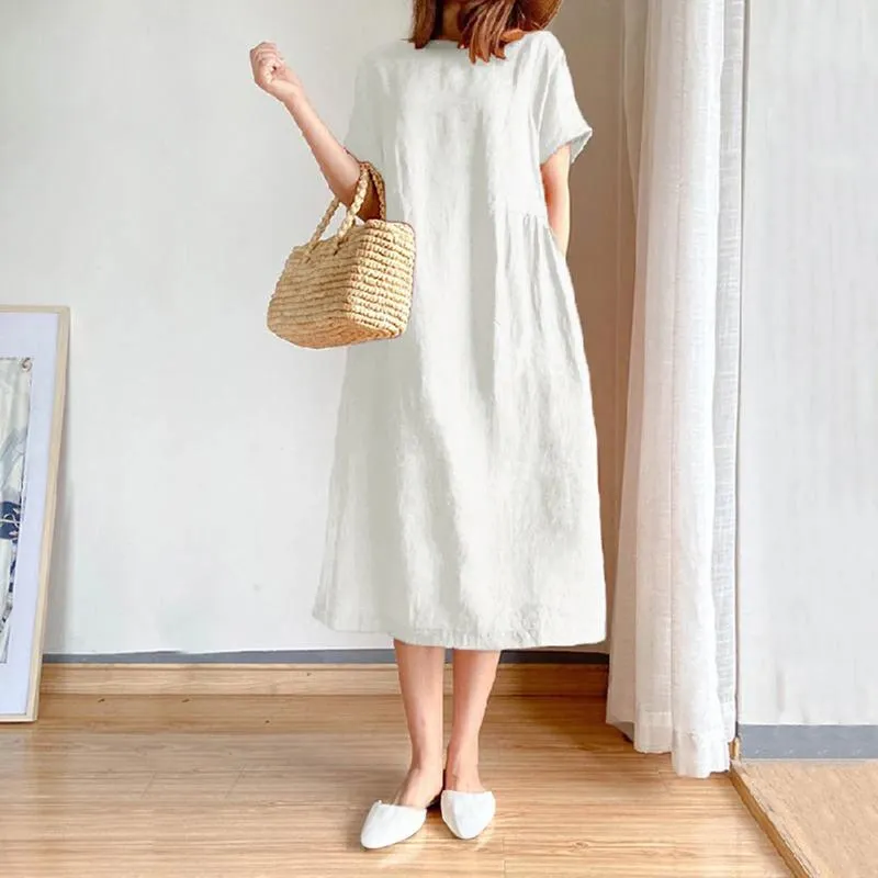 Korean Fashion Cotton Linen Midi Dress For Women Oversized Casual Summer Linen Sundress Midi For Beach And Streetwear From Phyllisessa 14.18 In Bulk DHgate.Com