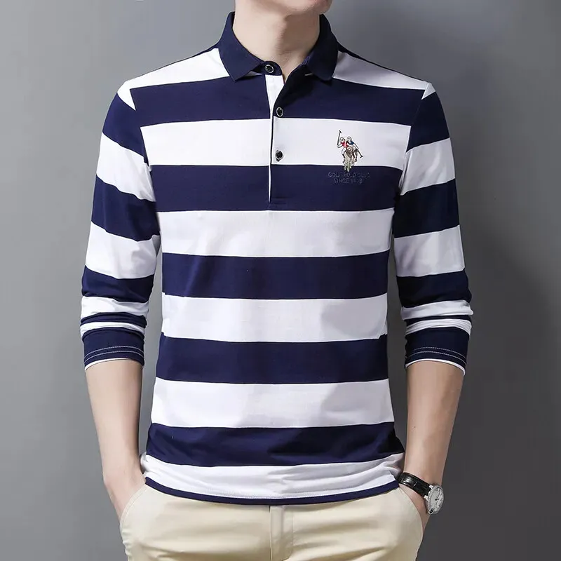 Stripe Men Polo Shirt Cotton Long Sleeve Business Autumn Tshirt Casual Male Drop 240403