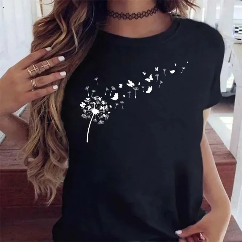 Maycaur Women Graphic Cartoon Dandelion Print T -shirt Kort ärm Ladies Clothes Lady Tees Tops Female Womens 240402