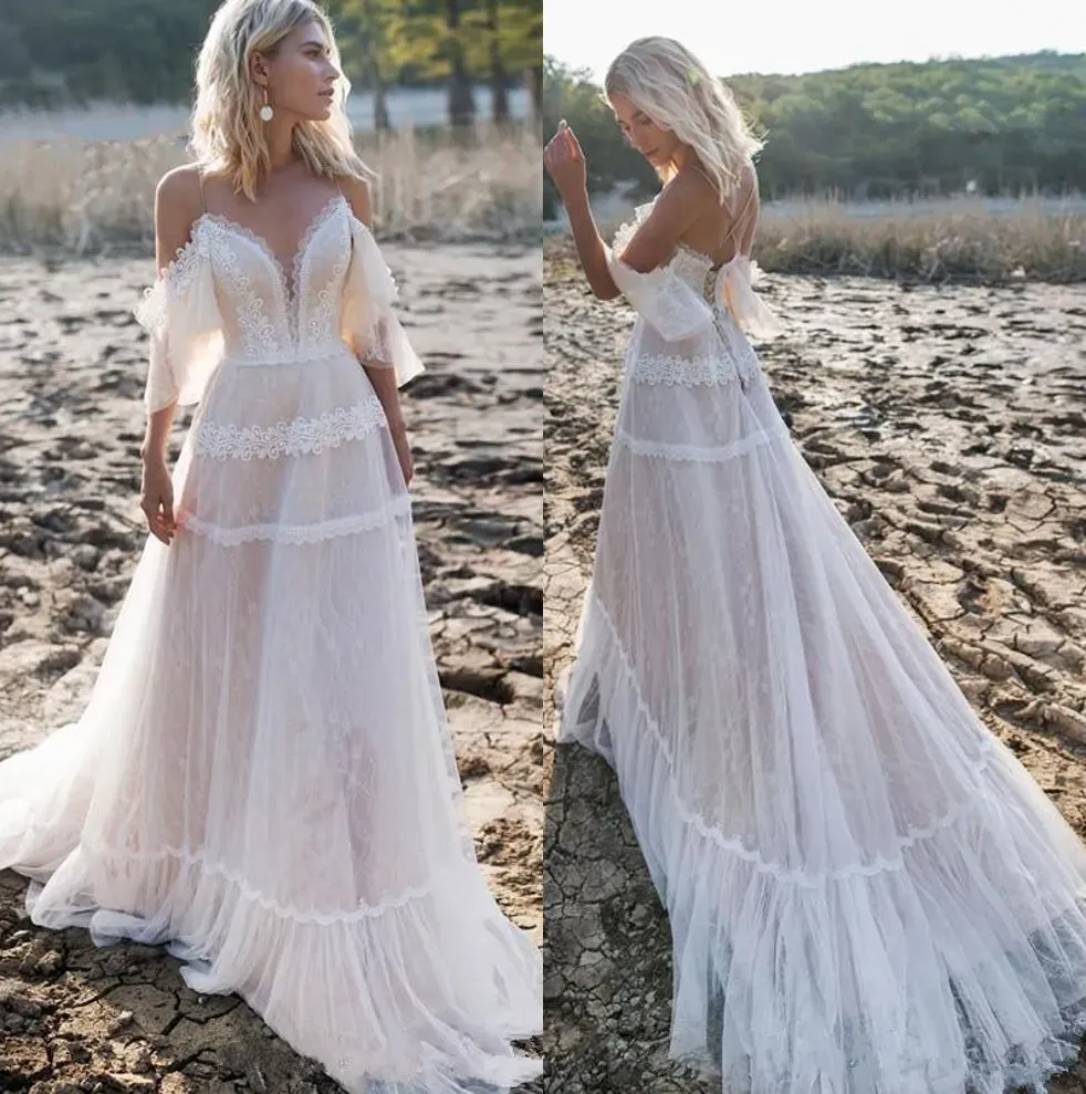 Vestidos vestidos de noiva boêmios do ombro Uma linha de renda Aplique Ilusão Boho Vestido de noiva Country Backless Plus Size Beach Bridal Gow