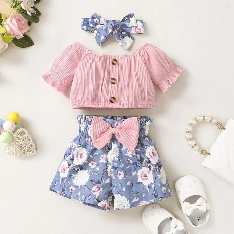 Conjuntos de roupas 3 - 2 anos Criança de verão para meninas roupas de menina rosa tampa de tampa azul shorts 2pcs Conjunto de moda infantil