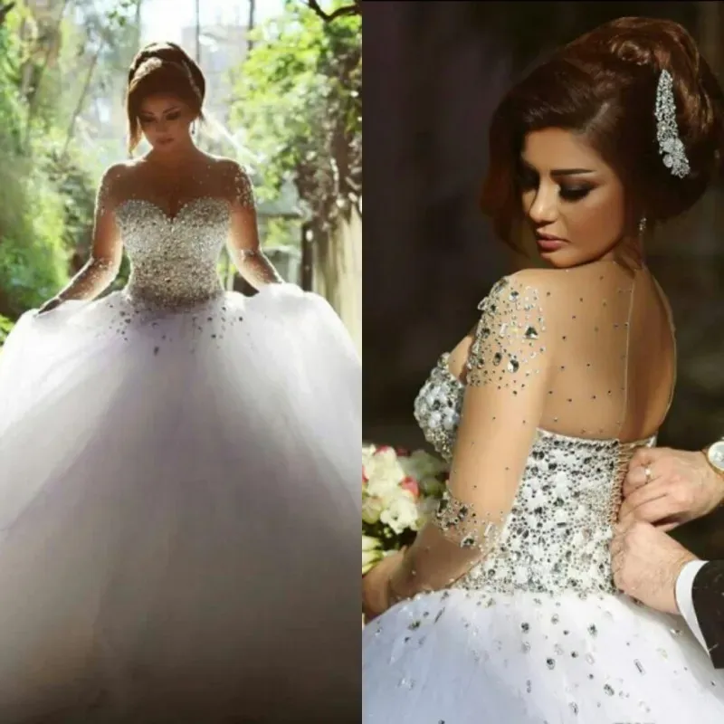 Sukienki sukienki ślubne prawdziwe obraz luksusowe kryształowe sukienki ślubne z koralikami Sheer iluzja Załoga Długie rękawy plus koronki koronkowe