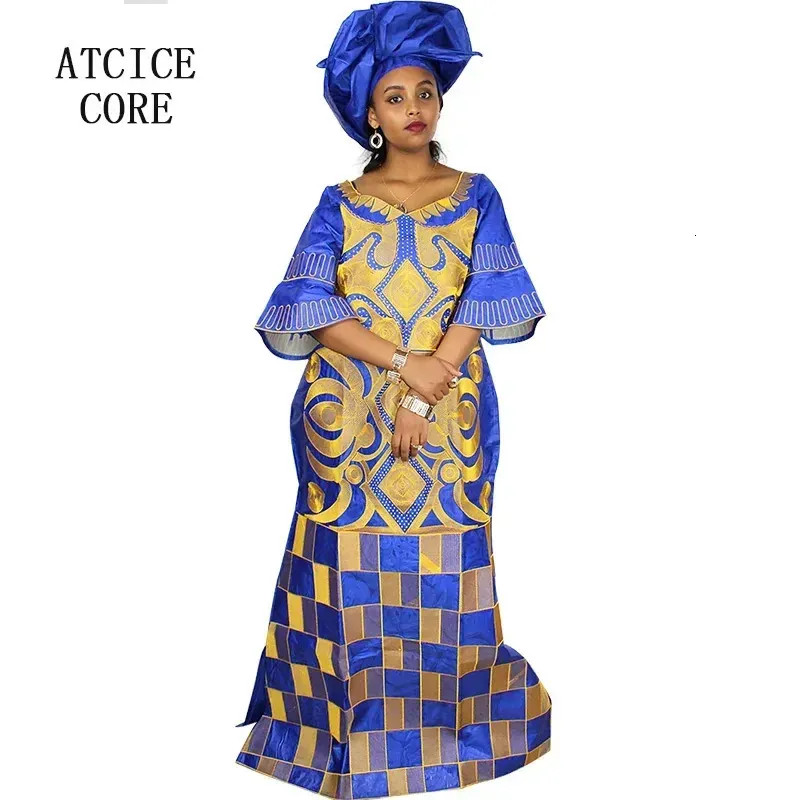 Afrikanska klänningar för Woman Bazin Riche Computer Embrowidery Plus Size Long Dress with Scarf 240401