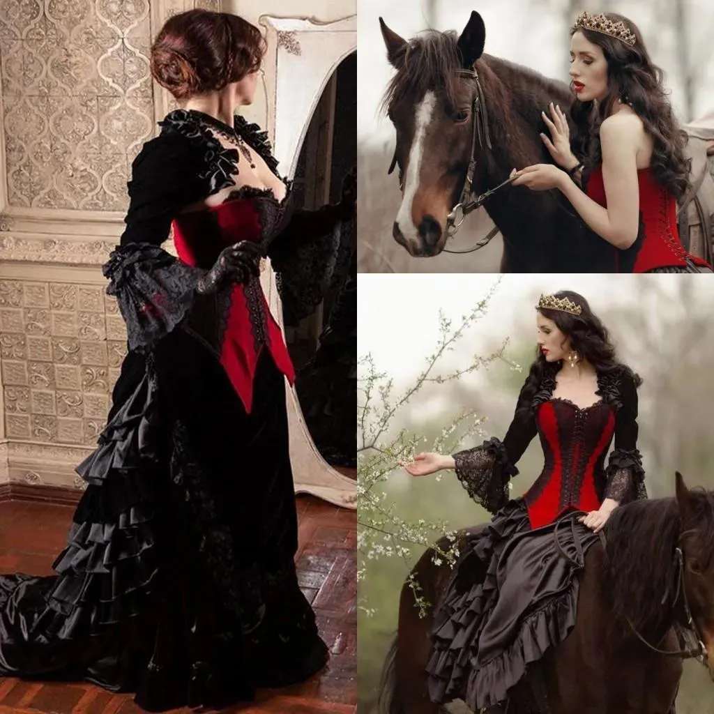 Robes vintage robes de mariée gothique noire et rouge avec veste longues manètes manches en dentelle de lacep corset de lorep.