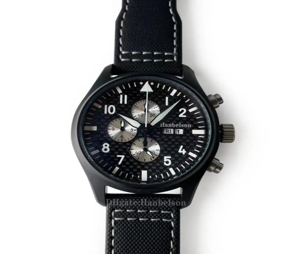 Mens Watch Day Date Chronograph Quartz movement 43mm luminous Fiber dial PVD Steel Case Nylon Strap Black Wristwatches7314590