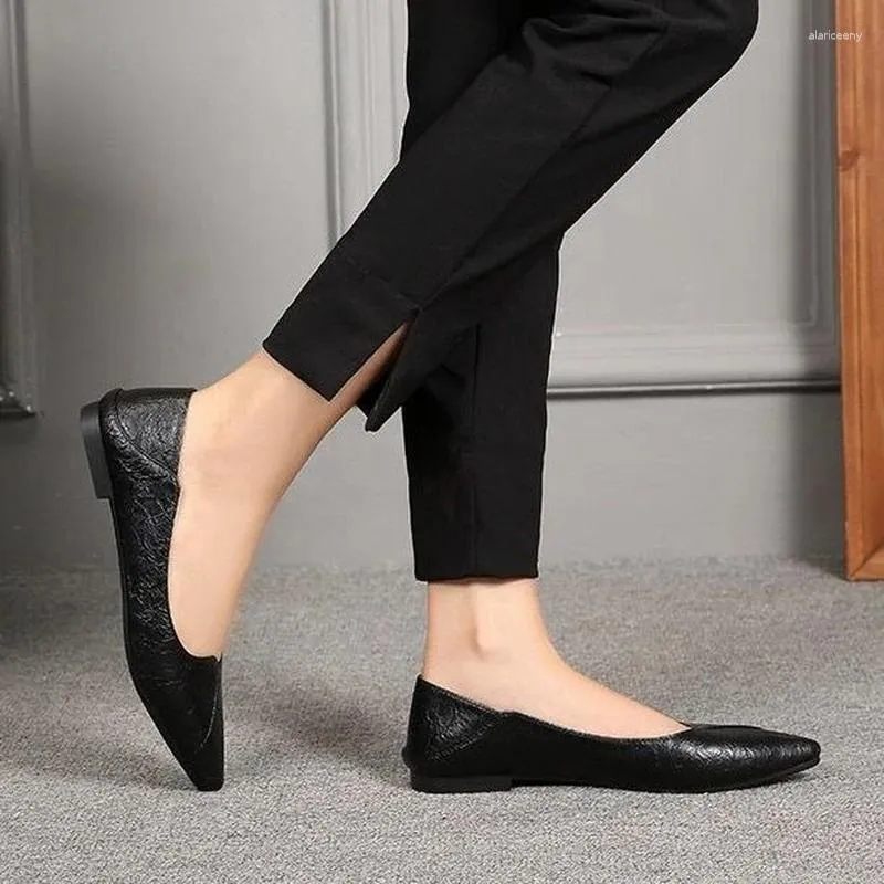 Casual Shoes Flat Women 2024 Autumn Pointed Shallow Mouth Single Soft Black Leather Comfortable Working
