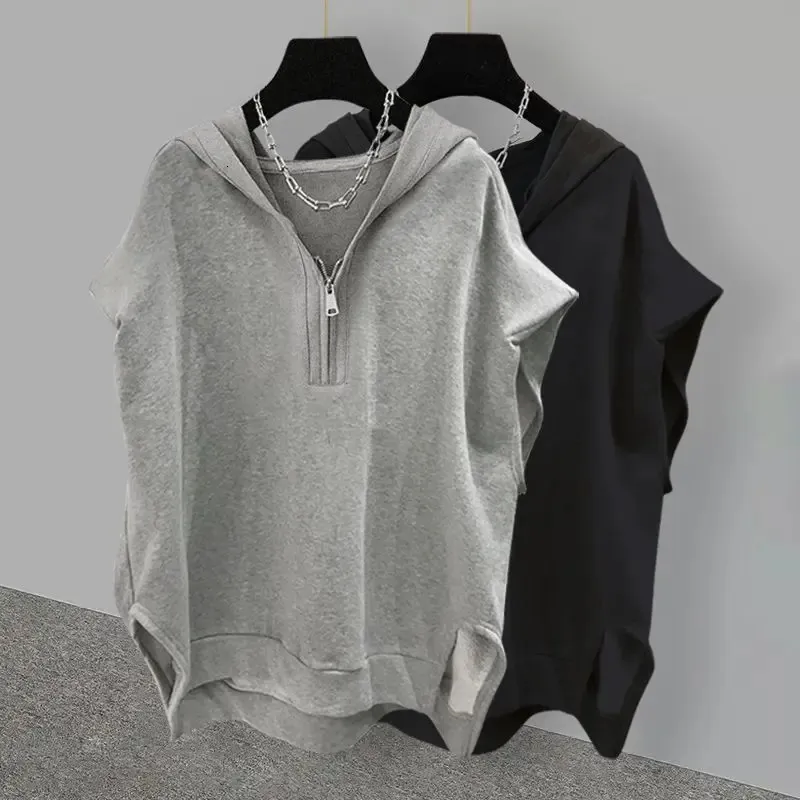 Simple Street Extra Large Solid Color Zipper Hooded Sleeveless Sweater For Men And Women In Autumn Ins Korean Loose Vest Summer 240328