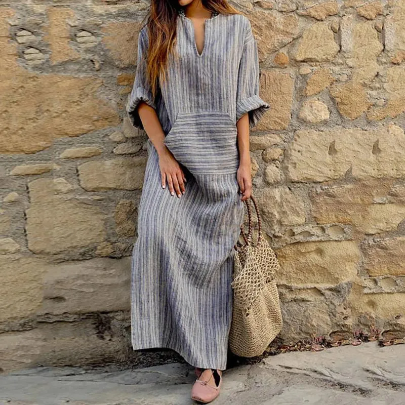 Casual Cotton Linen Blended Maxi maxi dress for Women Retro V Neck Striped Robe with Three Quarter Sleeves and Loose Fit