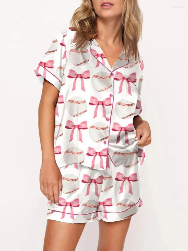 Home Clothing Women Pajamas Set 2 Piece Loungewear Suits Bowknot Baseball Print Short Sleeve Button Up Loose Tops And Shorts Sleepwear
