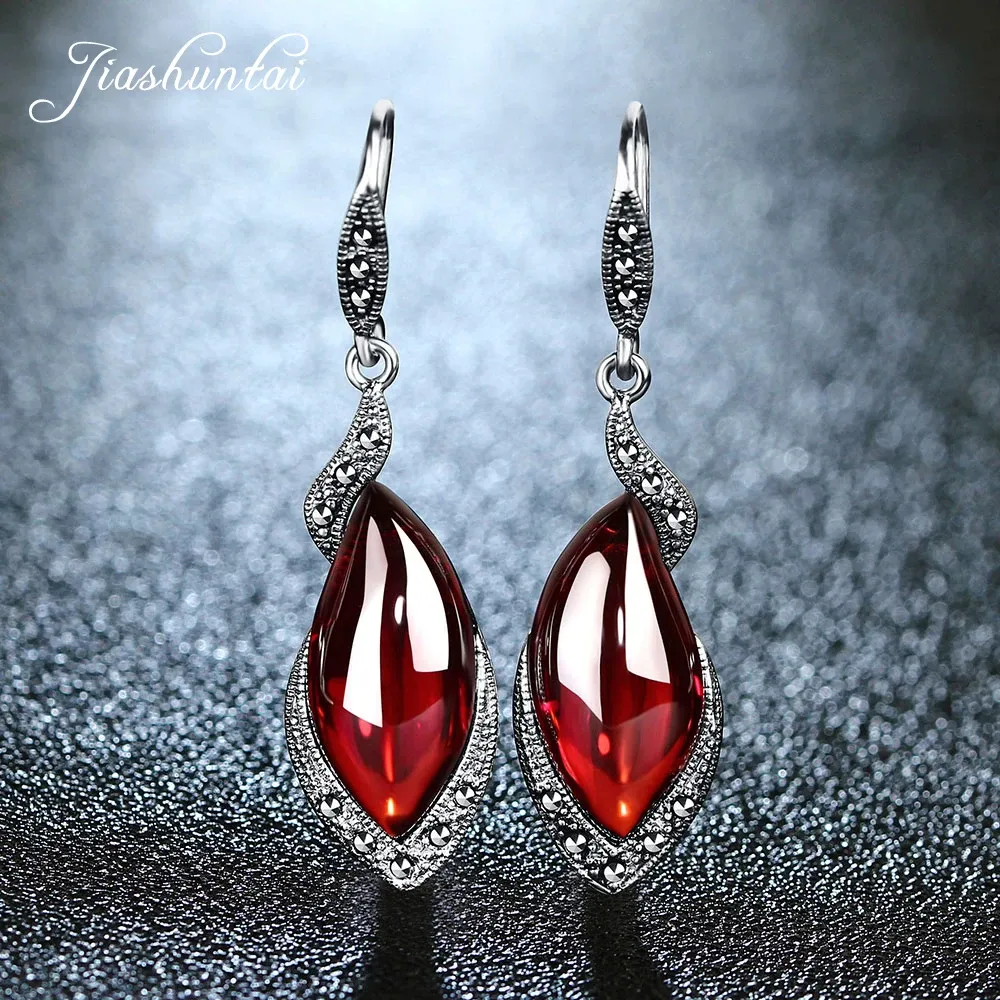 Boucles d'oreilles Jirshuntai Retro Silver Boucles d'oreilles pour les femmes vintage 925 Boucles d'oreilles longues rouge argent sterling