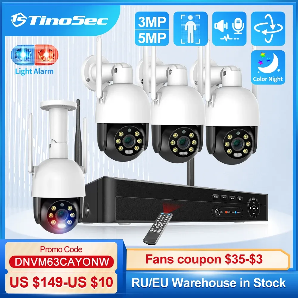 Intercom Tinosec 8ch 3MP 5MP WiFi Camerasysteem Smart AI PTZ Camera Human Detection Twoway Audio Night Vision Security Surveillance Kit