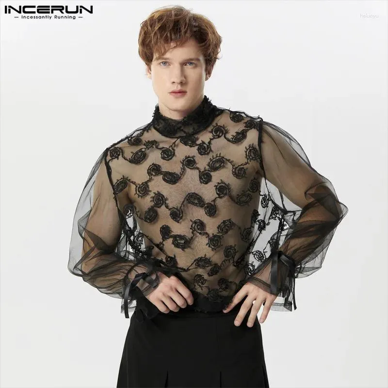 Men's T Shirts INCERUN Tops 2024 Mens Sexy Lace Jacquard Design T-shirts Casual Fashion Perspective Thin Bubble Long Sleeved Camiseta S-5XL