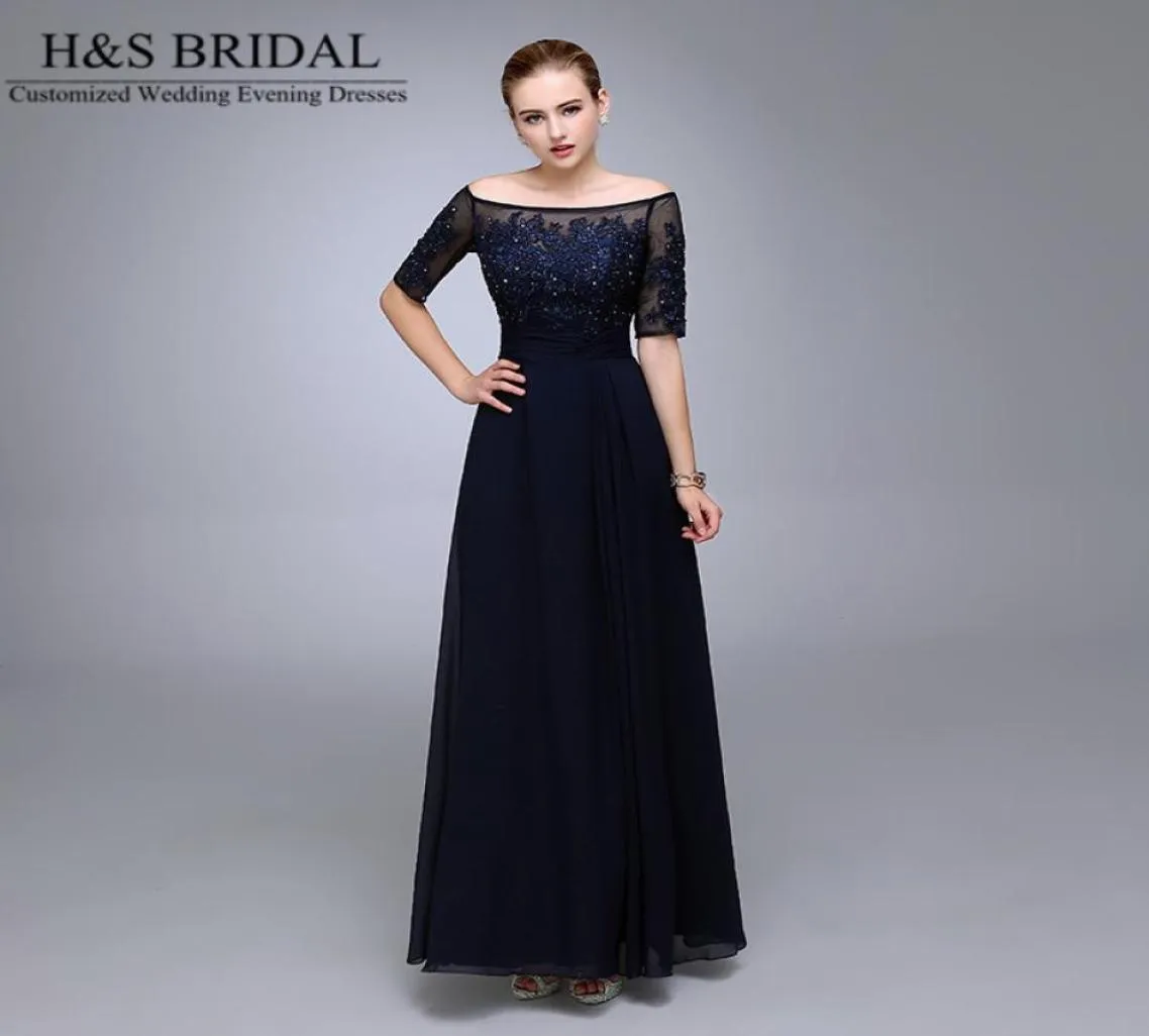 Real Picture Navy Blue Evening Dresses 2016 Half Sleeve Pärled Chiffon Formal Mother of the Bride Groom Dresse Appliqued Lace Form2352300